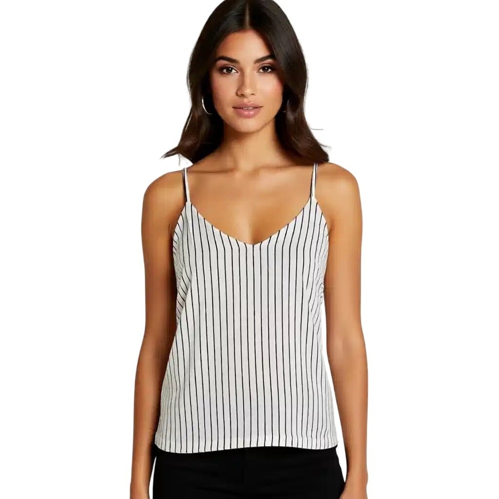 WHBM Reversible V-Neck Cami Tank Top Blk White Stripe‎ Polka Dot Spaghetti Strap